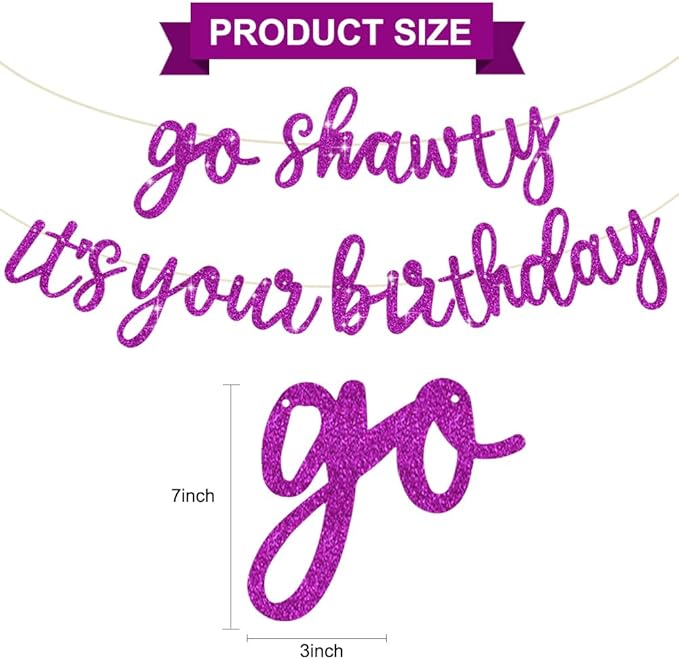 BEISHIDA Purple Go Shawty It's Your Birthday Banner - NO DIY - Hip Hop Theme Glitter Happy Birthday Banner - Pre-Strung - Purple Rap Theme Happy Birthday Sign for Man Women birthday Party Supply