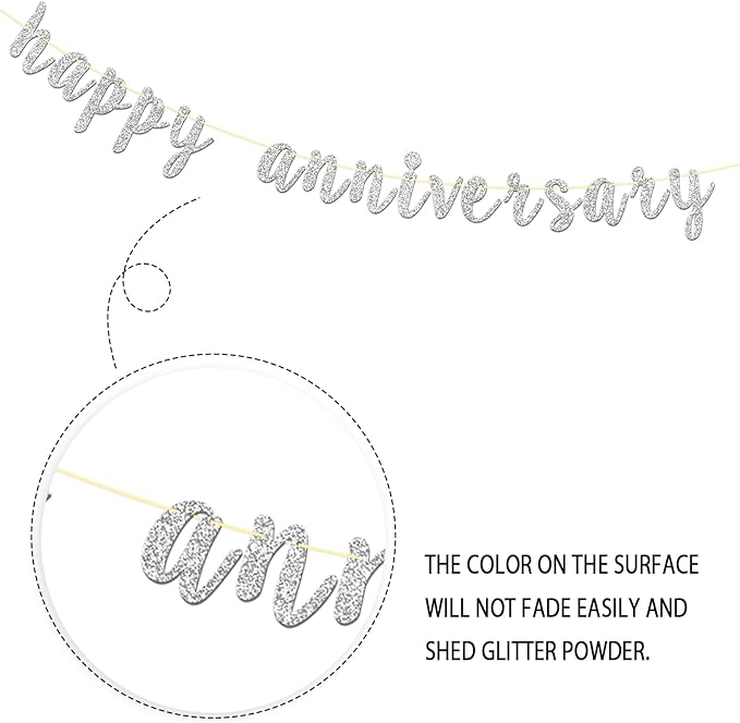 Silver Glitter Happy Anniversary Banner, Party Decorations for Wedding Anniversary Party
