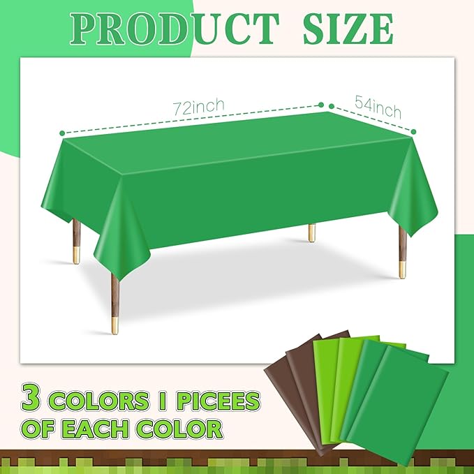 mwellewm 6Pcs Plastic Table Cloth Disposable,Dark Green & Brown Pixel Gaming Tablecloth Rectangle Bulk Table Cover for Birthday Wedding Picnic Video Game Party Supplies Decorations(54x72 Inch)