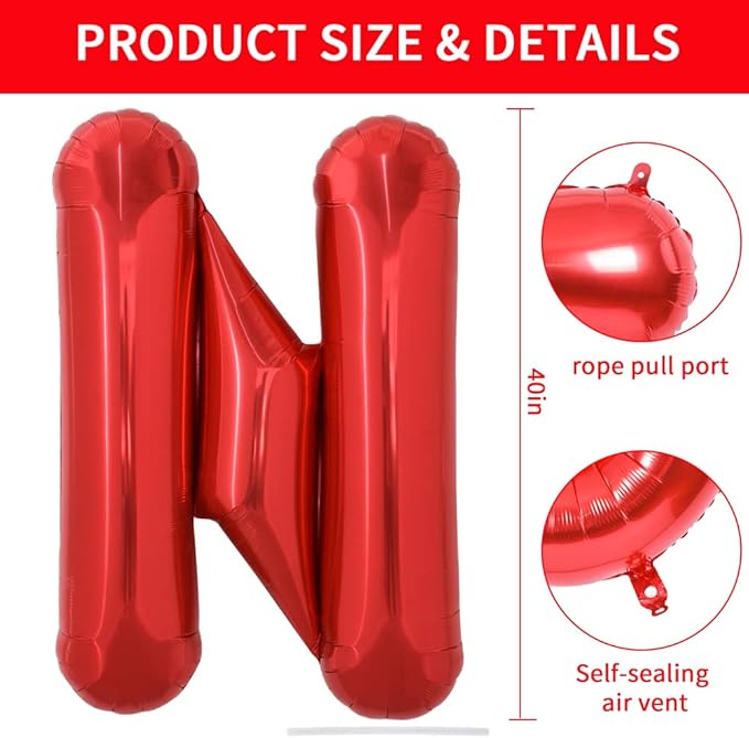 TONIFUL 40 Inch Large Bright Red Letter Balloons A-Z, Giant Jumbo Helium Foil Mylar Big Letter N Balloons for Birthday Party Anniversary Wedding Decorations
