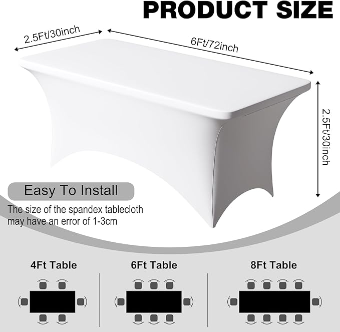 Trlyc 4 Pack 6FT Spandex Table Cloth - 72 x 30 Inch Rectangular Stretch Tablecloth, Wrinkle Resistant Scretch Table Cover for Wedding, Party, Banquet, Picnic, Outdoor Decoration (4Pcs,White)