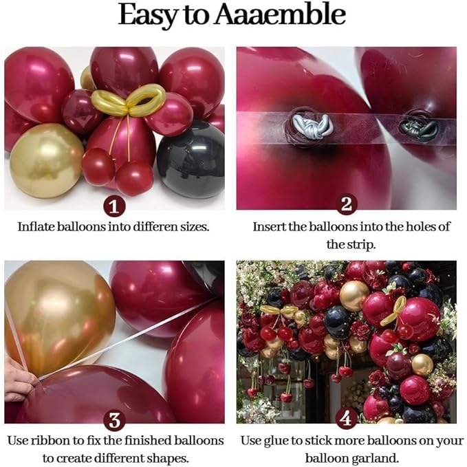 Burgundy Black Balloon Arch Double Stuffed Dark Ruby Red Gold Maroon Black Balloon Garland Kit for Birthday Valentine Day Wedding Bridal Shower Engagement Cherry Anniversary Party Decor