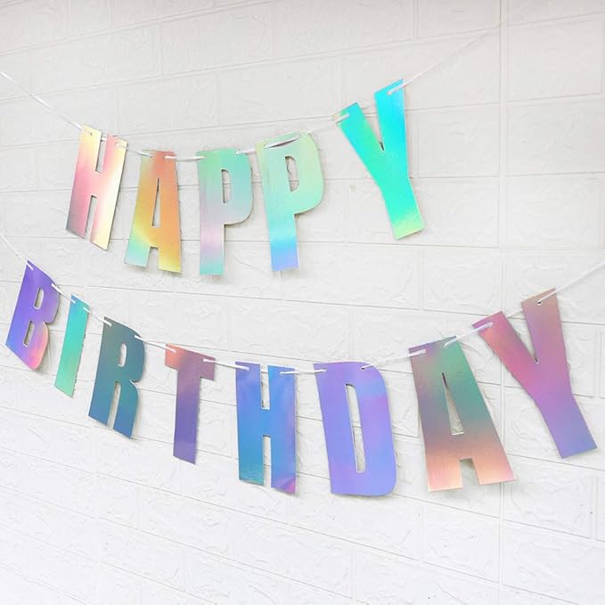 Fermus Pre-Strung Holographic Happy Birthday Banner - NO DIY - Iridescent White Hanging Bunting Garland Party Decorations