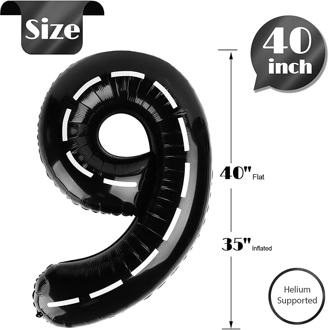 Race Car Number 9 Balloon 40 Inch, 9 Balloon Number, 9th Birthday Decorations, Race Car Party Supplies for Boys Girls