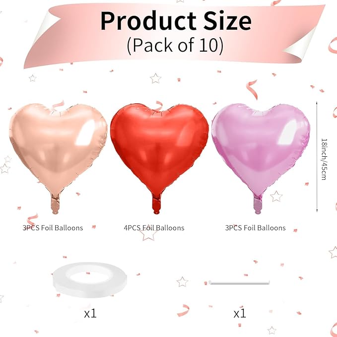 Rose Gold & Pink Heart Balloons - 10 Pcs 18 Inch Foil Heart Shaped Balloons for Girls Women - Red Light - Valentines Day, Birthday, Wedding, Baby Shower, Bridal Party Decorations