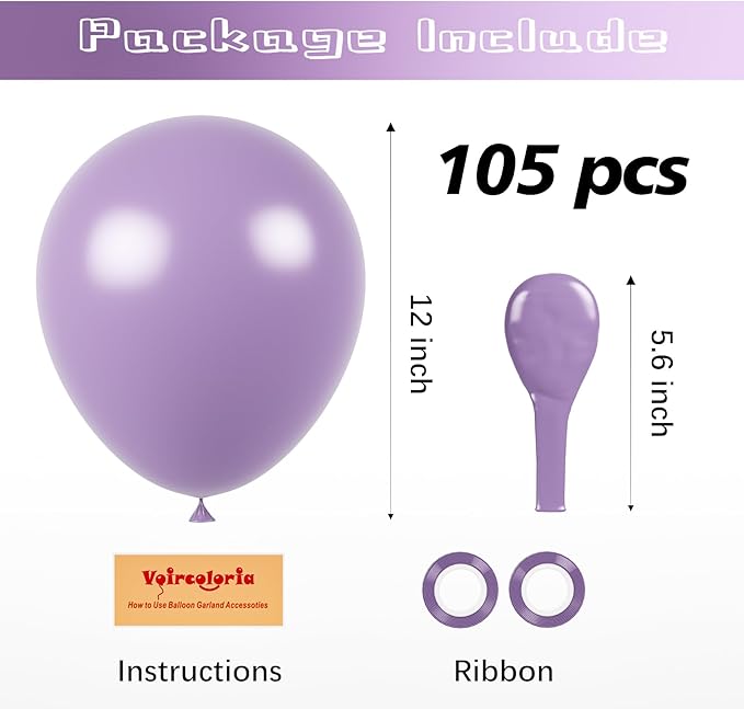 105pcs Lilac Purple Balloons 12inch Party Latex Balloons for Birthday Graduation Baby Shower Anniversary New Year Holiday Party Decorations