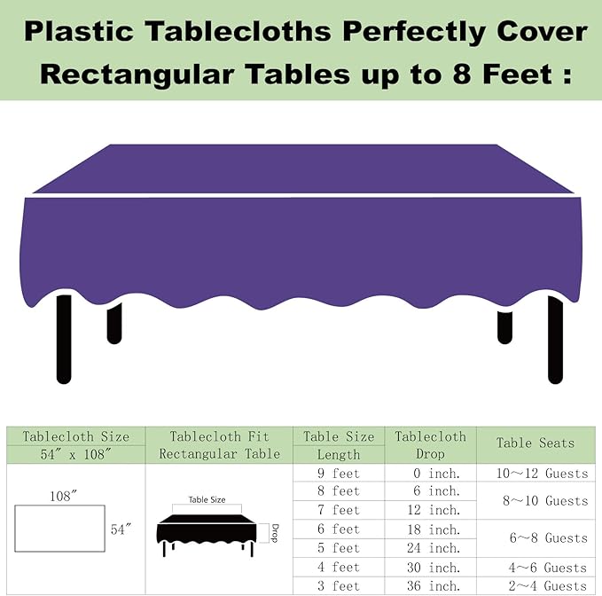 Plastic Purple Tablecloths 3 Pack Violet Disposable Table Covers 54" x 108" Table Cloths for Parties Mermaid Gras Parties Birthdays Weddings, Fits 6 to 8 Foot Rectangle Tables