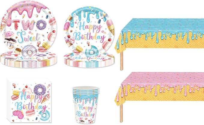 168PCS Ice Cream Donut Party Supplies Serves 24, Pink Disposable Tableware Set Plates Cups Napkins Cutlery Straws for Girls Birthday Decorations