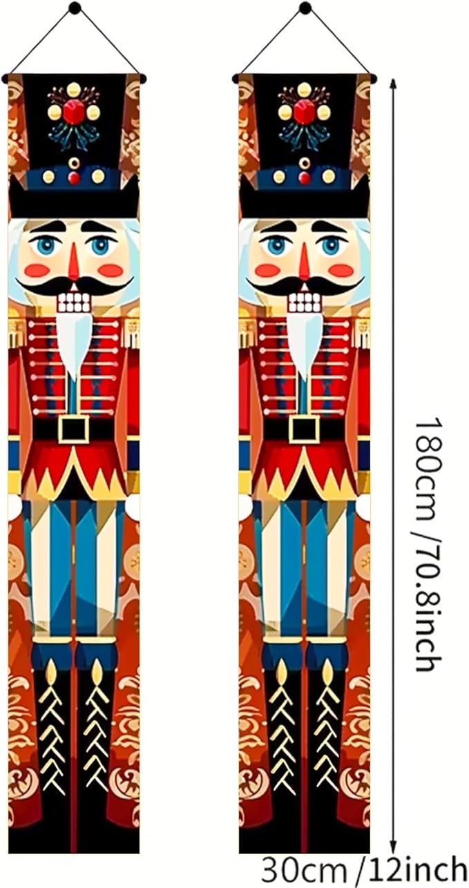 Christmas Door Banner Set 12x71 Inch Nutcracker Soldier Vertical Porch Hanging Sign Indoor Outdoor Polyester Holiday Entryway Decoration Seasonal Photo Backdrop