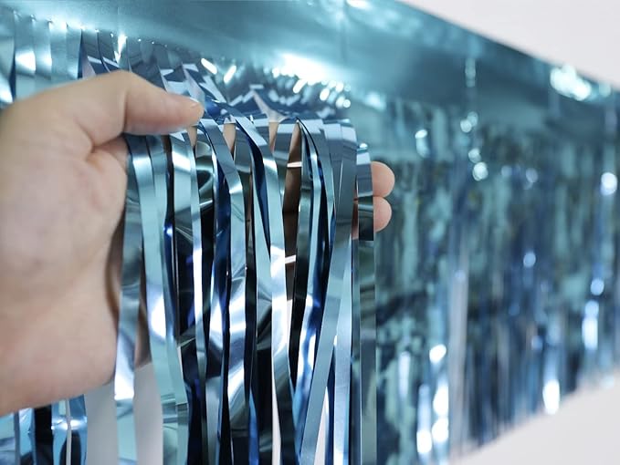 3 Pack Total 30 Feet Foil Fringe Garland Light Blue Metallic Wall Hanging Drapes Tassel Skirting Teal Tinsel Streamers for Parade Float Trailer Mardi Gras Party Birthday Wedding (Turquoise)