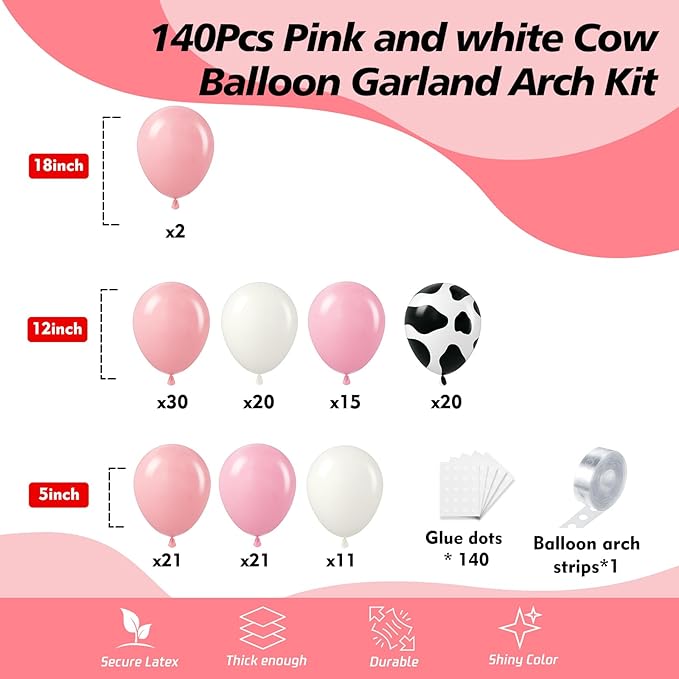 Pink Cow Balloons Arch Kit - Pastel Pink Cow Latex Balloon Different size Balloon Garland Kit for Cowgirl Baby Shower Birthday Farm Western Cow Print Animal Theme Party Decorations Supplies
