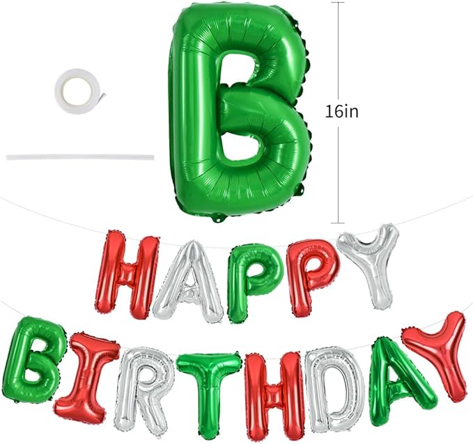 TONIFUL Red Green Silver Happy Birthday Balloons Banner,16 Inch Mylar Foil Birthday Sign Banner for Girls Boys Kids & Adults Birthday Decorations Christmas Party New Year's Eve Supplies