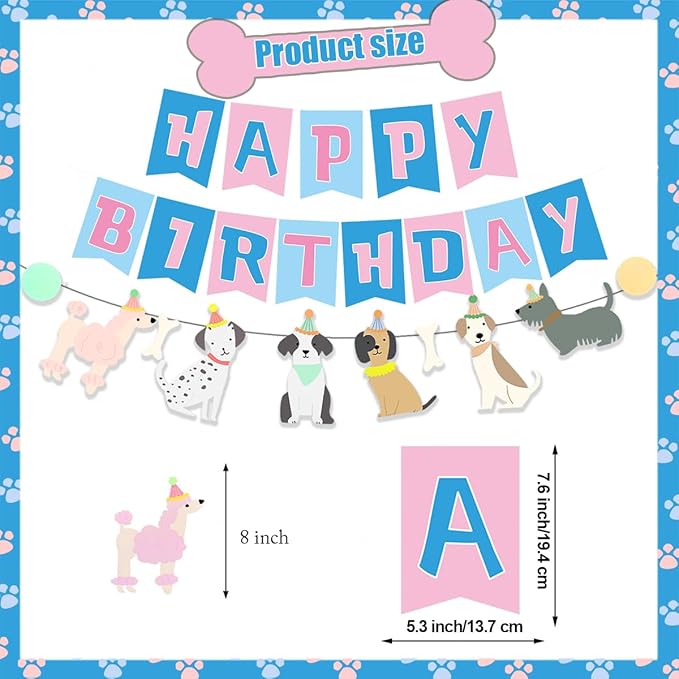 Dog Themed Puppy Paw Balloons Happy Birthday Party Banner for Girls & Women DIY Party Supplies (Pink Blue Banner)