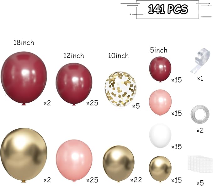 Burgundy Balloon Arch Kit, 141 Pcs Maroon Metallic Chrome Gold Rose Gold and White Latex Balloons Different Sizes 18 12 10 5 Inch for Birthday Wedding Anniversary Bridal Bachelorette Wine Party