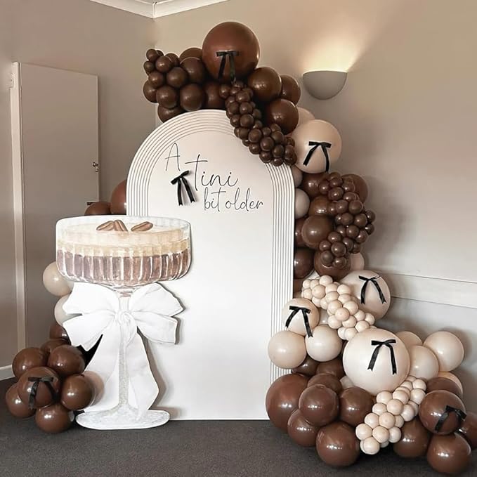 A Tini Bit Older Martini Balloon Garland Arch Kit, 146Pcs Brown Coffee Sand White Balloons with DIY Bow Ribbon for Girls Women Bachelorette Espresso Martini Themed Party Decorations