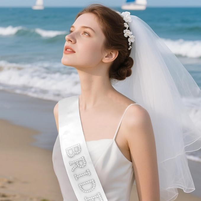 Bride to Be Set: Pearl-Trimmed Heart Sunglasses, Pearl BRIDE Sash & Tulle Veil - Bachelorette Party Bridal Accessories