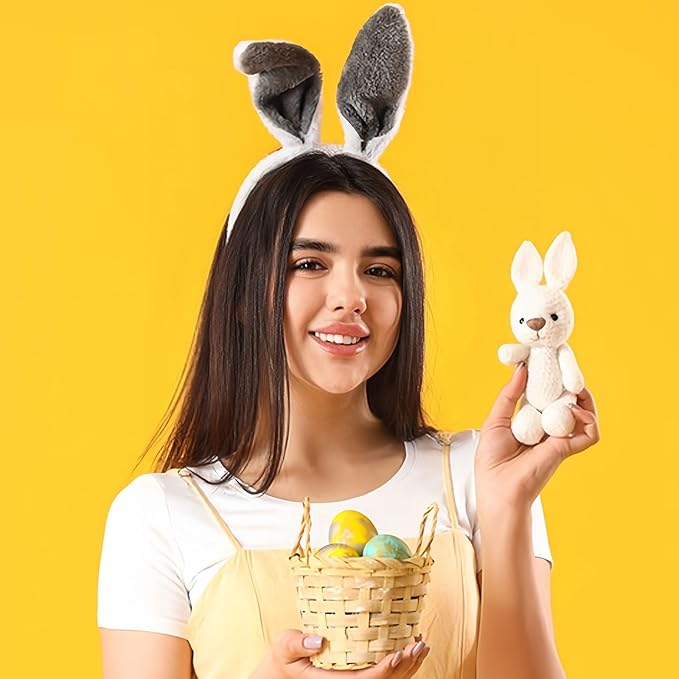Bunny Headband Easter Hair Bands for Women Girls Kids, Grey Cute Plush Rabbit Ears Hair Accessories Non Slip Headbands Easter Day Party Decoration Supplies