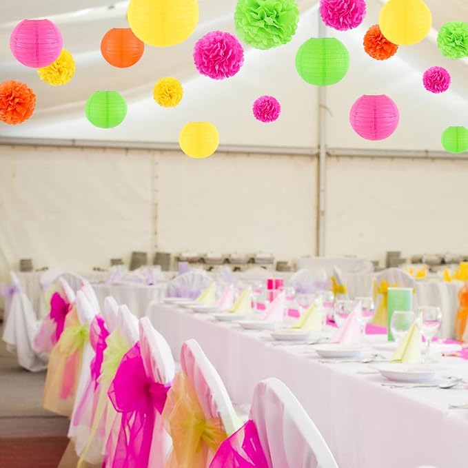 zilue Glow in the Dark Party Supplies, Paper Lanterns and Pom Poms Flowers for Birthday Party Baby Shower Wedding Shower Decor Pack of 15 Pieces