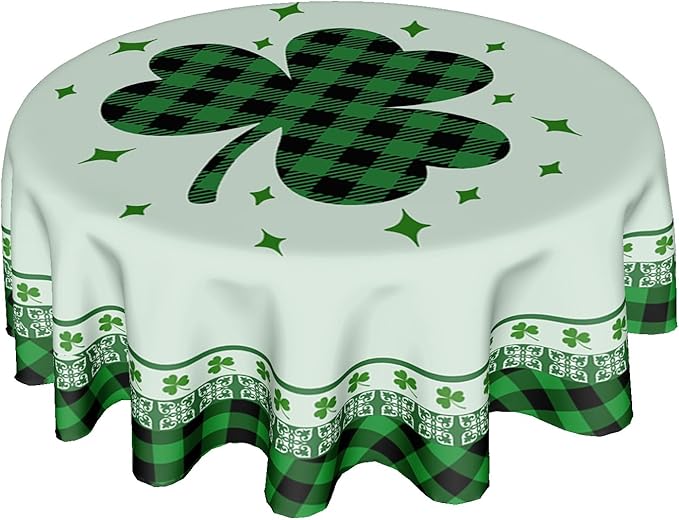 St Patricks Tablecloth Round 70 Inch Green Shamrock Tablecloth Buffalo Plaid Clover Table Cloth Farmhouse St Patrick's Day Tablecloth for Kitchen Holiday Picnic Party Dinner Room Outdoor Decor