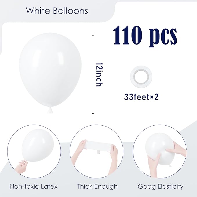 110pcs White Balloons 12inch Matte White Latex Party Balloons for Wedding, Birthday, Graduation, Bridal Shower, Baby Shower, Bachelorette and Engagement Decorations