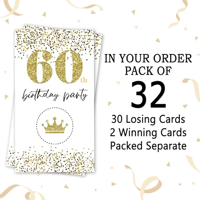 REWIDPARTY White Gold 60th Birthday Party Scratch Off Game Cards（32 PCS） Happy 60th Birthday Party Scratch Cards Cheers to 60 Years Party Supplies Activity for Birthday Raffle Tickets Kids Adults