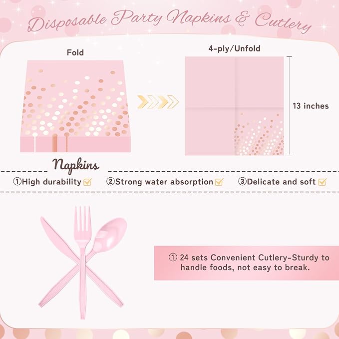 Pink and Rose Gold Dots Plates Set for 24 Guests, 168PCS Disposable Dinnerware,Party Supplies Paper Plates Napkins Cups Pink Cutlery for Birthday Baby Shower Wedding Graduation Retirement Anniversary