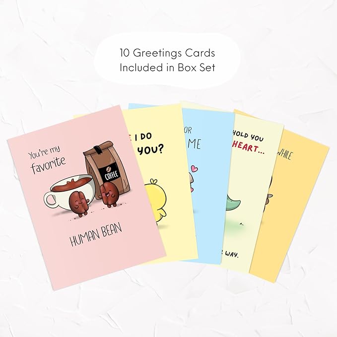 ALY LOU Boxed Set of 10 Funny, Cute Notecards for All Occasions, Assorted Anniversary Birthday Card for Her Him / Husband Boyfriend / Girlfriend Wife Kawaii Vday Greeting Card