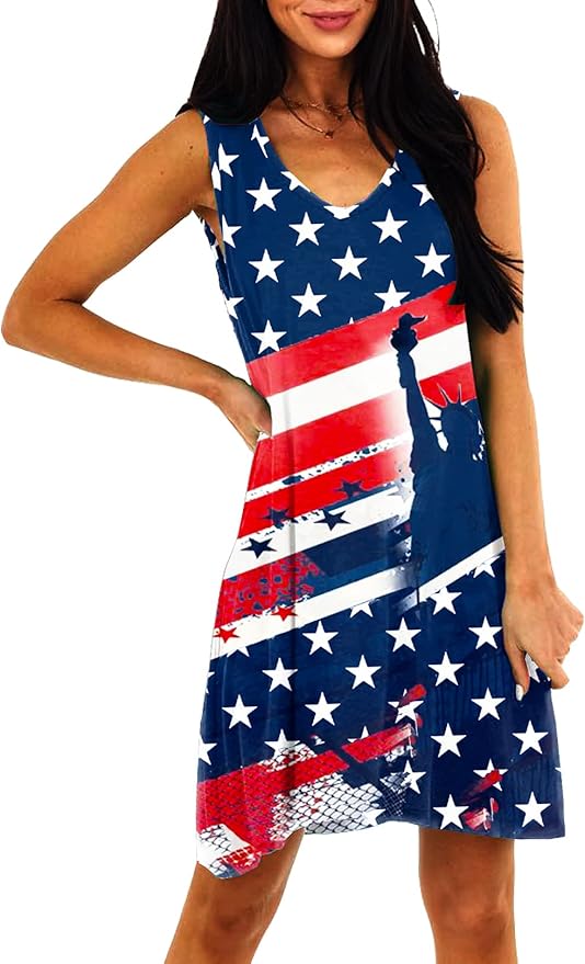 Deerose Women 4th of July Sleeeveless Dress Patriotic V Neck Tank Dresses with Pockets