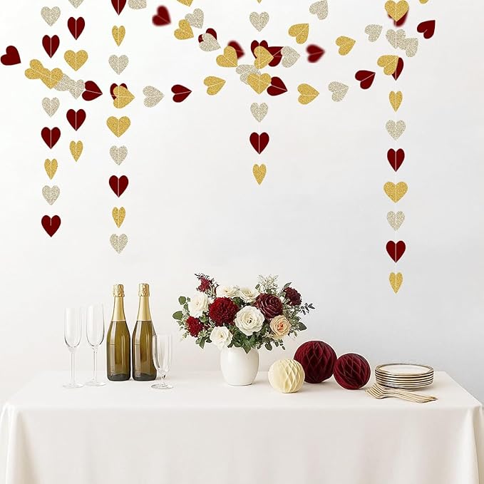 Champagne Gold Burgundy Party Decorations - 52Ft Heart Paper Garland Decoration Streamers Birthday Banner Bridal Baby Shower Wedding Bachelorette Engagement Graduation Hanging Decor Hongtongtong