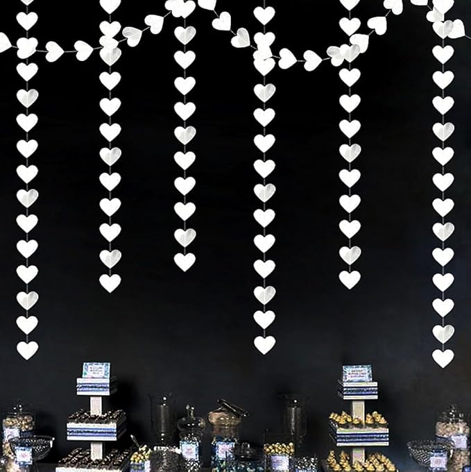 White -Silver Disco Party-Decoration Heart Garland - 52ft Birthday New Years Eve Hanging Backdrop Streamers,Graduation Engagement Wedding Bachelorette Winter Christmas Banner Decor Lasting Surprise