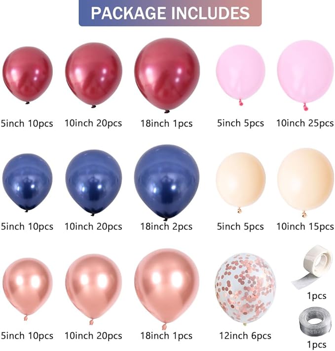 Navy Blue Rose Gold Pink Burgundy Balloons Garland with 142pcs 18/10/5/Inch Metallic Chrome Balloons for Thanksgving Birthday Party Wedding Graduation Bridal Shower Decorations (Navy Blue Burgundy)
