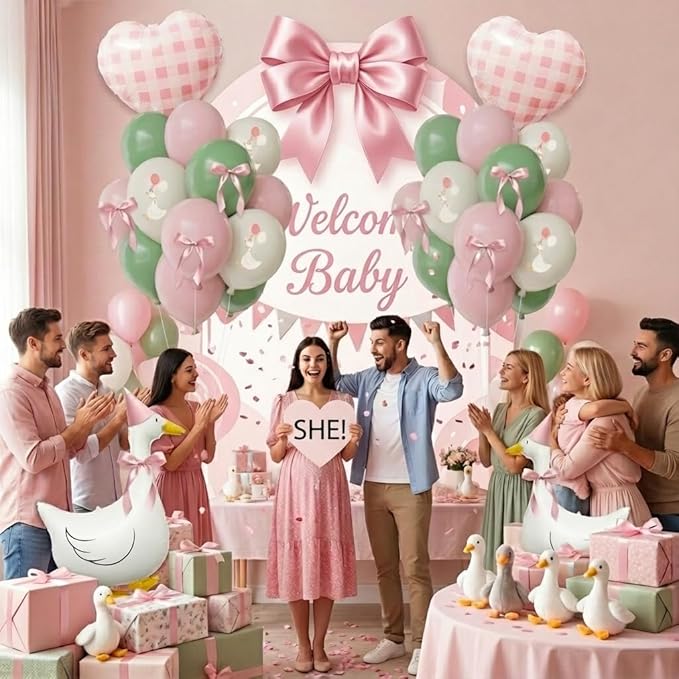 One Silly Goose Birthday Decorations Girl – Goose Balloons with Pink Printed Latex Balloons, Pink Bow & Hats, Cute Baby Girl 1st Birthday Party Supplies