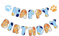 Blue Dog Birthday Party Supplies, Blue and Orange Banner Dog Happy Birthday Banner Party Decorations for Decoration Centerpieces