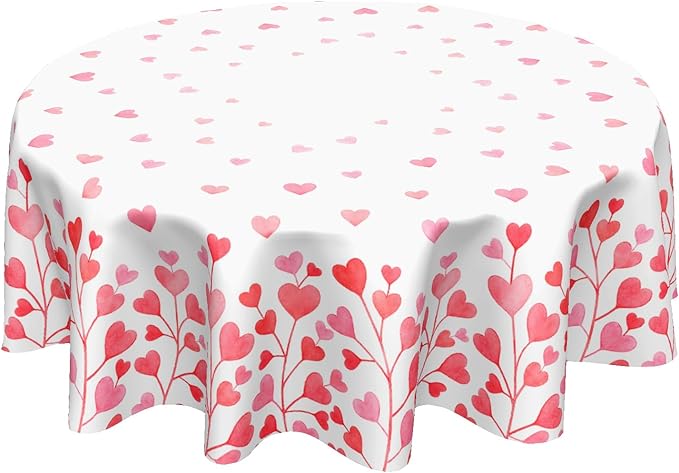 Valentine's Day Round Tablecloth 60 Inch Heart Pattern Circle Table Cloth Pink and White Table Cover Washable Polyester Indoor Decorations for Home Kitchen Dinning Party