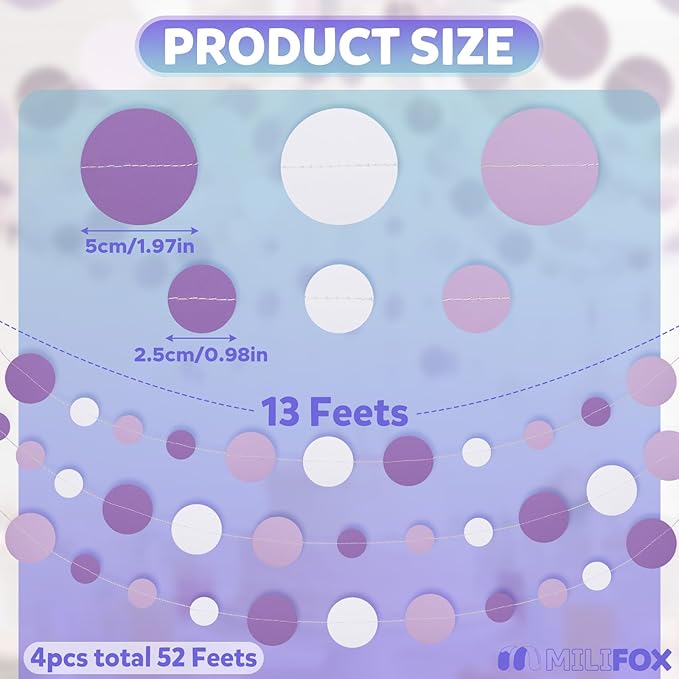 52FT Party Garlands, Paper Garland Circle Dots, Hanging Circle Banner Decorations for Birthday, Party, Wedding, Baby Shower, Graduations, Christmas, Wall Decor (Purple White Garlands)