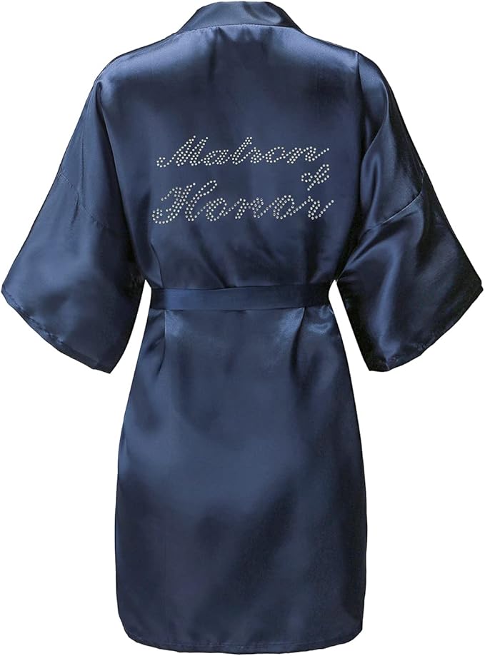EPLAZA Women's One Size Silver Rhinestones Bride Bridesmaid Short Satin Robes for Wedding Party Getting Ready