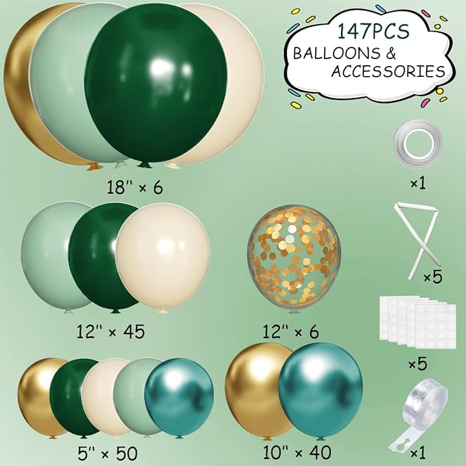 Green Gold White Balloon Arch Kit, 147PCS Dark Green Ivory Gold Metallic Pastel Green Balloons Garland for Birthday Wedding Baby Bridal Shower Party Decorations