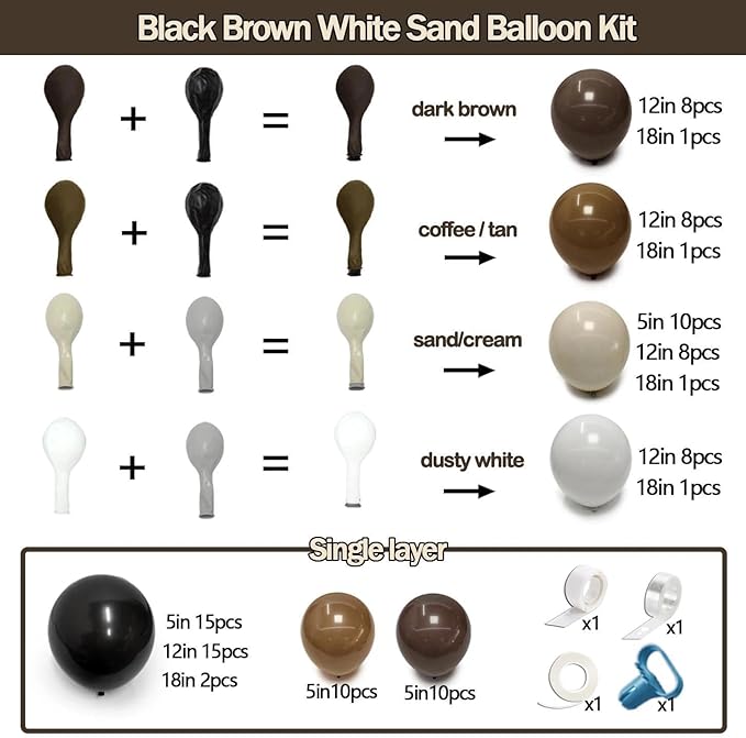 Black Brown Tan Balloon Arch Kit, Double Stuffed Dark Brown Coffee Light Grey White Sand Beige Neutral Balloon Garland for Western Cowboy Baby Shower First Rodeo Birthday Party Decoration