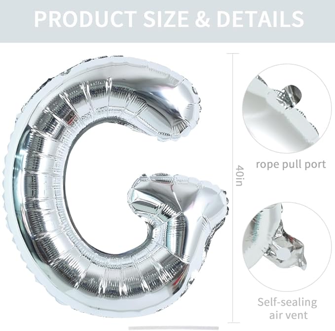 TONIFUL 40 Inch Large Silver Letter G Balloons, Foil Mylar Big Letter Balloons for 2026 New Year Eve Graduation Wedding Baby Shower Birthday Party Anniversary Supplies Decorations