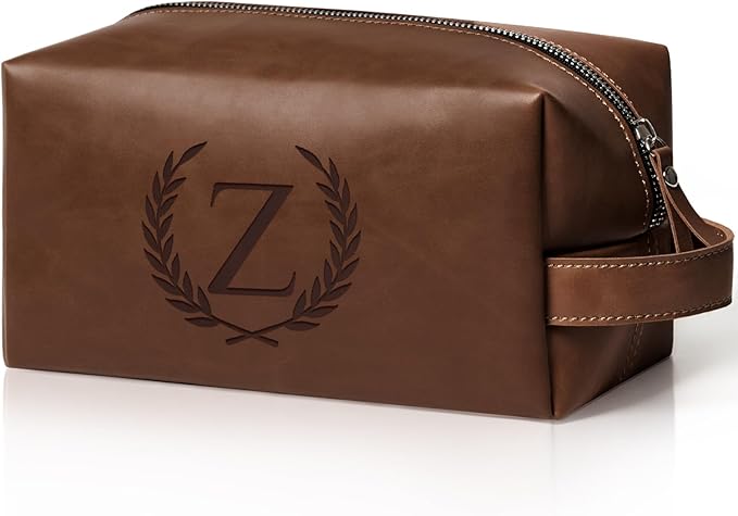 Personalized Gifts Travel Toiletry Bag for Men Engraved Initial PU Leather Waterproof Shaving Bag for Toiletries Accessories Fathers Day Birthday Gift for Men Dad Husband Son, Reddish Brown Z