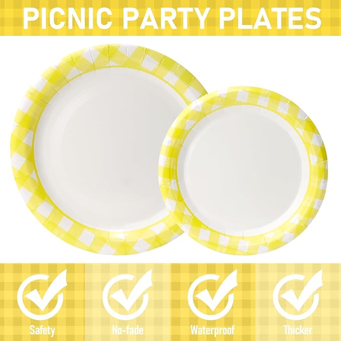 168PCS Party Plates, Scalloped Gingham Paper Plates and Cups and Napkins Sets Party Supplies for Birthday Wedding Bridal Shower Baby Shower Picnic, Serve for 24 Guests (Yellow Gingham)