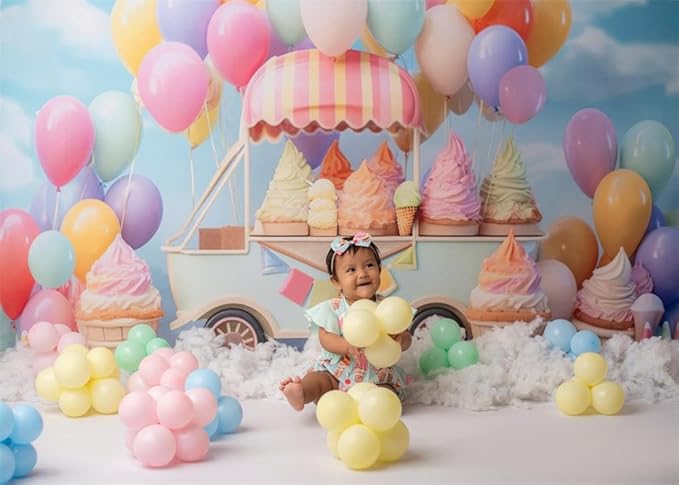 Kate 7x5ft Summer Ice Cream Car Backdrop for Photography Colorful Balloons Cake Smash Blue Sky Birthday Party Background for Kids Photo Props