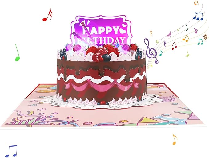 Strawberry Round Cake Music Playing Pop Up Happy Birthday Greeting Card with LED Light, Love Gift for Adult and Kid with Blank Note & Envelope, Celebration for Daughter, Son, Mom, Dad