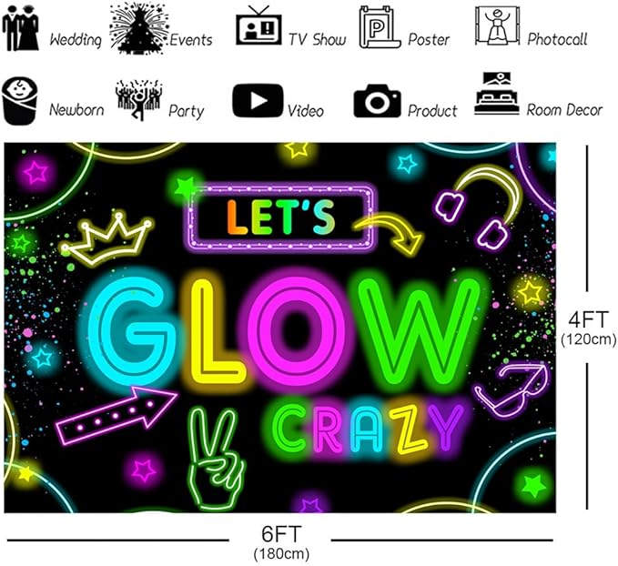 Neon Glow Party Decorations Supplies Backdrop 6x4ft Glow in The Dark Let’s Glow Banner Photography Background Birthday Sleppover Graffiti Splash Paint Black Light Kids Photo Booth