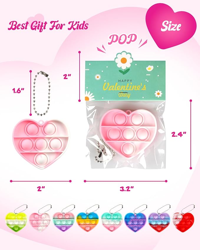 32 Pack Valentine's Day Heart-Shaped Pop Fidget Toys for Kids, Classroom Bulk Gifts with Keychains & Cards, Perfect for School Party & Class Exchanges