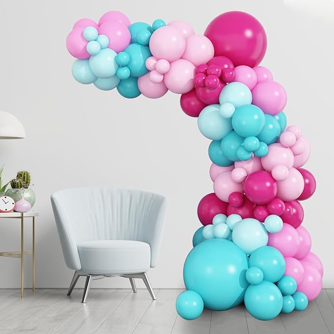 Hot Pink and Teal Blue Balloon Arch Garland Kit, Rose Red Teal Blue Pastel Pink Turquoise Latex Balloon for Birthday Baby Shower Wedding Anniversary Party Decorations Supplies