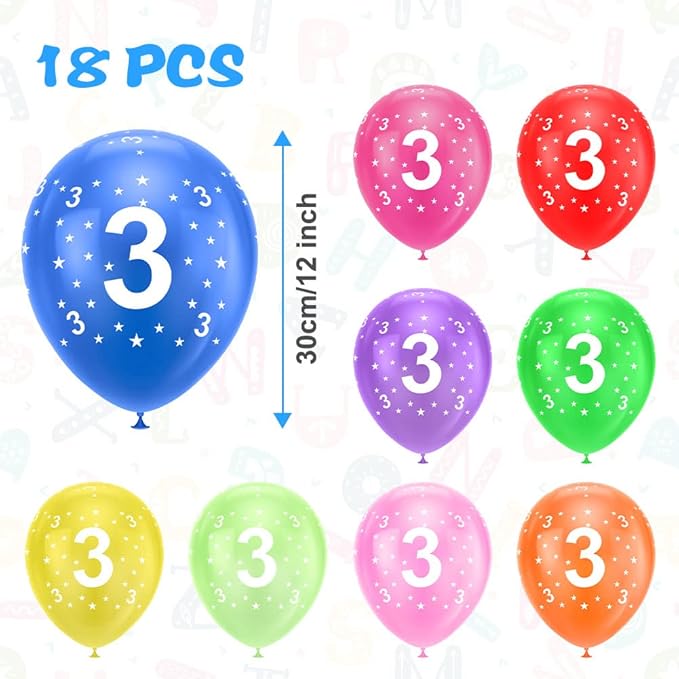 Ainiv 3rd Birthday Balloons 18PCS, 12inch Numbers Printed Latex Party Balloons, 3rd Anniversary Party Supplies Balloons, Numbers Balloons Decorations for Girls Boys 3 Year Old Birthday Party