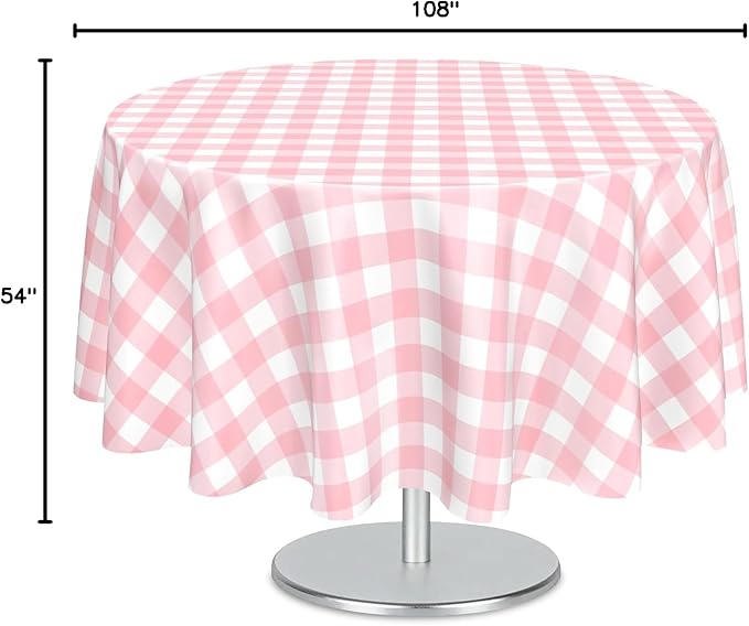 Mulbozy 2 Pcs Pink Gingham Round Tablecloth, 84 inches Disposable Plastic Pink and White Checkered Circle Table Covers for Baby Shower Wedding Bridal Shower Birthday Party Decorations