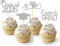 2026 Graduation Theme Cupcake Toppers Glitter Class of 2025 Graduation Cap Diploma Cupcake Picks - Set of 24 (Silver2)