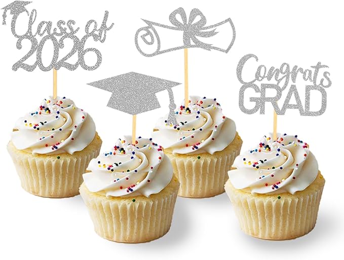 2026 Graduation Theme Cupcake Toppers Glitter Class of 2025 Graduation Cap Diploma Cupcake Picks - Set of 24 (Silver2)